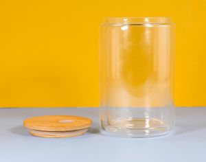16oz sublimatie sneeuwbol bier kan dubbelwandig helder glas met houten deksels Plastic rietjes 500 ml witte lege waterflessen DIY H1705505