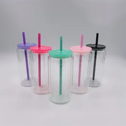 16oz sublimatie Sneeuwbol Glass Cups Tumbler Dubbele wand Snowglobe Sap Jar Can Mokken met gekleurde deksels en voorgeboord gat Siliconenstopper voor vulglitterbling