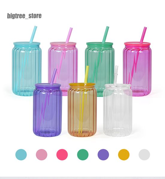 Canettes en verre rayées par sublimation de 16 oz avec couvercle coloré Gelée colorée Tasses en verre de sublimation vierges Verres à boire avec paille réutilisable DIY Expédition rapide