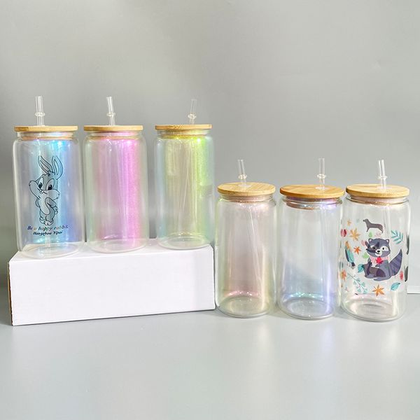 16 oz convient aux amateurs de sublimation vierge en vinyle cadeau paillettes arc-en-ciel irisées tasse en verre de canette de bière verres à boire de forme élégante avec couvercle en bambou et paille