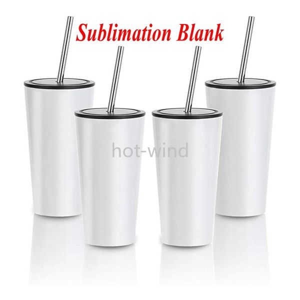 16 oz Conique Sublimation Blanc Blanc Tumbler En Acier Inoxydable Café Voyage Thé Tasses À Vin Avec Paille En Métal Et Couvercle FY5074 EE