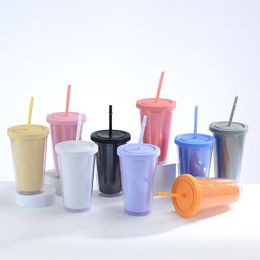 Vasos de plástico de concha transparente de 16 oz, plástico de doble pared de colores, taza de paja de boca ancha con tapa y pajitas, taza reutilizable de color caramelo por mar T9I002256