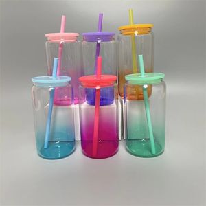 16oz Transparante Sublimatie Blanks Gradiënt Glazen Beker Ombre Jelly Iced Juice Bierglazen Kan Tumbler Koffiemok Met Kleurrijke Deksels Rietjes Voor UV DTF Wraps