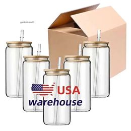 16 oz USA CA Warehouse Botellas de agua Diy Sublimación en blanco puede tazas de vidrio de cerveza con forma de tapa con tapa de bambú y paja para café con refresco de café helado 4.23 0516