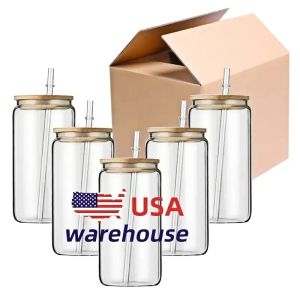 16oz USA Warehouse Waterflessen DIY Blank Sublimatie Kan Tumblers Vormige Bierglas Bekers met Bamboe Deksel en Stro voor Ijskoffie Frisdrank