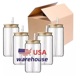 USA CA Warehouse Bouteilles d'eau de 16 oz à faire soi-même par sublimation vierge, gobelets en verre de bière avec couvercle en bambou et paille pour café glacé, soda