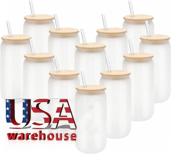 16 oz EE. UU. Almacén Botellas de agua DIY Sublimación en blanco Latas Vasos Vasos de vidrio con forma de cerveza con tapa de bambú y pajita para café helado Soda ss1230