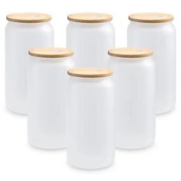 Copas de vino de 16 oz Sublimación Tazas de cerveza heladas transparentes con tapa de bambú Espacios en blanco de bricolaje Mason Jar Can Tumblers Cóctel Café helado Soda Whisky Tazas