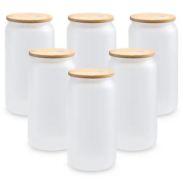 16 oz Copas de vino Sublimación Tazas de cerveza heladas transparentes con tapa de bambú Espacios en blanco de bricolaje Mason Jar Can Tumblers Cóctel Café helado Soda Whisky Cups ss0303