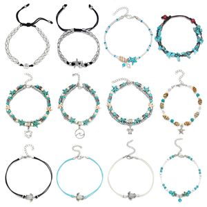 16 Uds tobilleras para mujeres niñas estrella de mar azul tortuga elefante encanto pulseras de tobillo conjunto de pie multicapa joyería hecha a mano