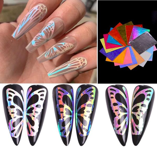 16 pcs/lot coloré Nail Art autocollant 3d papillon feu flamme feuille holographique ongles feuille autocollants décalcomanies bricolage paillettes décorations9352226