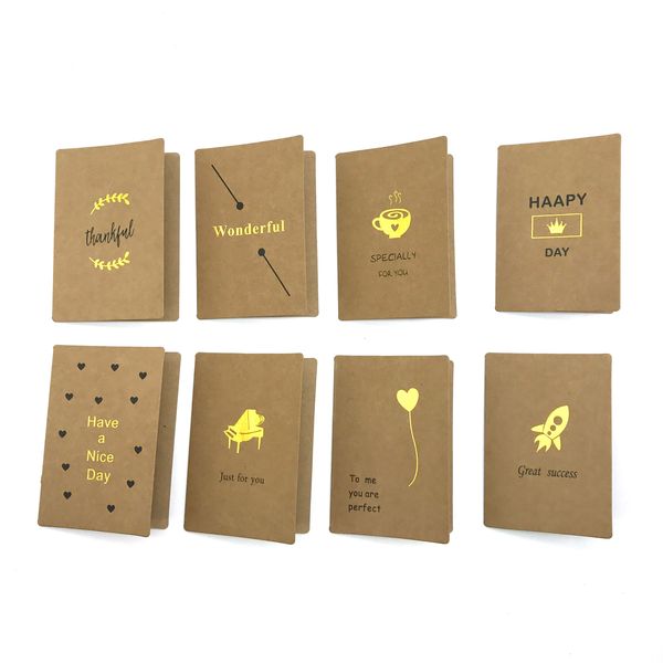 16pcs / lot Carte de vœux en kraft vierge manuscrite avec invitations d'anniversaire de cartes postales vierges en or