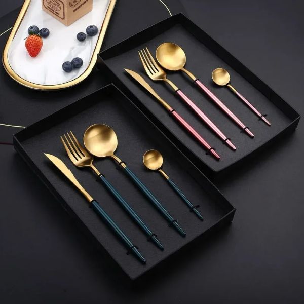 Juego de vajilla de oro rosa de 16 Uds., cubiertos de acero inoxidable con espejo, cuchillo de cocina, tenedor, cuchara, juego de cubiertos para boda y restaurante