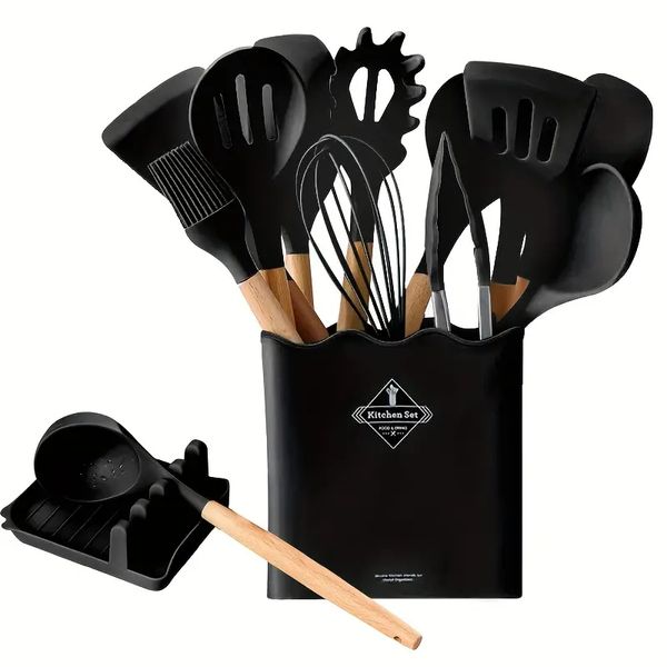 16 pièces/ensemble, ensemble d'ustensiles de cuisine en Silicone, ustensiles de cuisine résistants à la chaleur, tourneur, pinces, spatule, cuillère, brosse, repose-cuillère