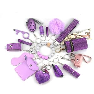 16pcsset kit de porte-clés de sécurité quotidienne avec pendentif boule d'alarme d'autodéfense et sacs de rangement porte-clés pour femmes alarme 240122