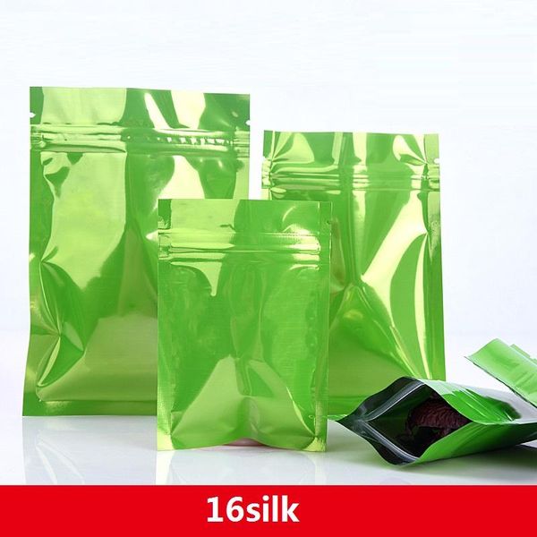 16silk vert feuille d'aluminium sac en aluminium plaqué fond plat tirer os fermeture poches thé sac d'emballage alimentaire