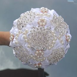 16 estilos blanco nuevo boda novia sosteniendo flores ramo artificial cinta diamantes de imitación ramo de perlas decoración novia novio baile