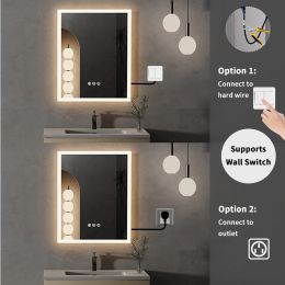 Miroir de salle de bain éclairé à LED 16x20 pouces avec anti-buve, miroir de vanité murale avec bouton tactile intelligent, fonction de mémoire