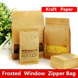 16x26x8cm Grote Capaciteit Stand Frosted Matte Venster Showcase Kraftpapier Voedsel Verpakking Zak Snoep Gebak Thee Ziplock Heat Seal Package Pouch