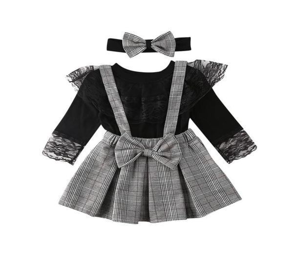 16Y enfant en bas âge enfant fille bébé vêtements ensemble noir à manches longues dentelle t-shirt hauts Plaid volants jupes salopette Costumes de printemps 2108041515681