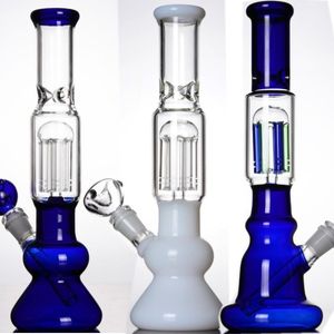 Capricha de bong de vidrio verde y azul de 12 pulgadas Tipo doblado Sistema de flujo de múltiples agujeros Tubo de agua con tazón de juntas de 14 mm