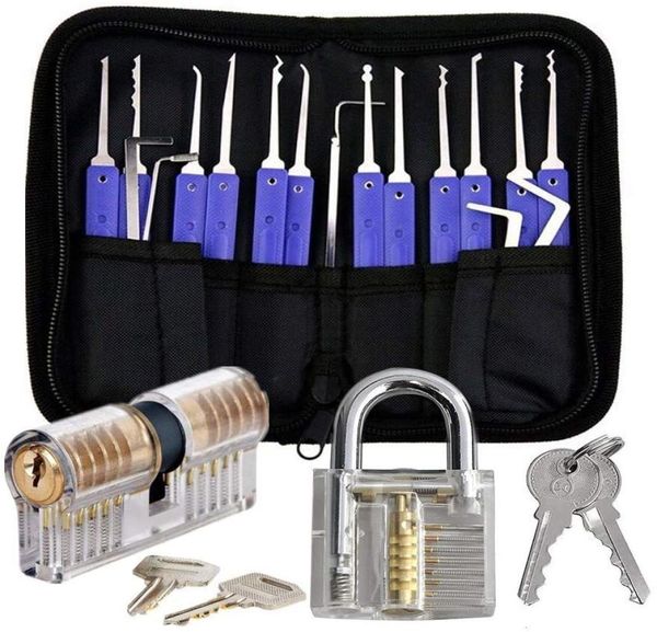 17 PCS Lock Picking Tooling Tools Professional avec 2 Clear Practice Training Locks Extracteur Tool Lock Pick Pick pour débutant Pro Lock7800268