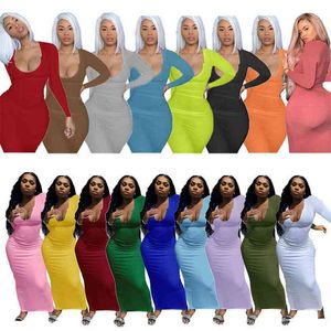 17 couleurs unies S-3XL femmes robe longue serrée col bas moulante maigre sexy robes maxi, plus la taille dame fête décontractée plage voyage jupe boutique vêtements G86A5V1