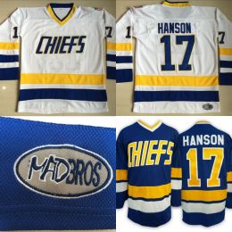 # 17 Steve Hanson Charlestown Jersey, Hanson Brother Slap Shot para hombre 100% bordado cosido Película Hockey Jerseys Azul Blanco 45