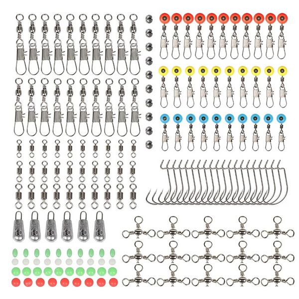 170 unids/lote caja de aparejos de pesca con anzuelos de pesca, pesas, cabezales de anzuelo, juntas tóricas, giratorios de barril, broches Fastlock para pesca en agua salada, señuelos de pesca