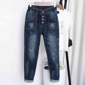 1711 Dames Zomer Mode Empire Elastische Taille Vintage Enkellange Harem Baggy Buttom Broek 100kg Vrouwelijke Casual Denim Jeans 211129