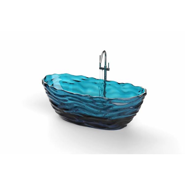Bañera ovalada de resina con ondas de agua, 1750x785x640mm, independiente, montada en el suelo, cristal azul, transparente, BV001-6