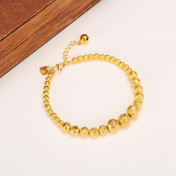 17cm 4cm Longlen Ball Brangle Femmes 14k Real Solid Yellow Gold Round Perles Bracelets Bijoux Chaîne Hand Heart Tapestried266d