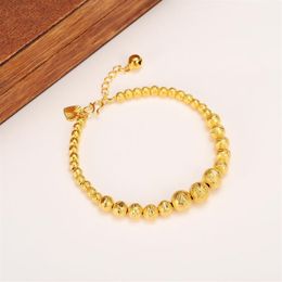 Bracelet boule allongé pour femmes, 17cm 4cm, 24k, perles rondes en or jaune massif, bijoux, chaîne à main, cœur tapestried241d