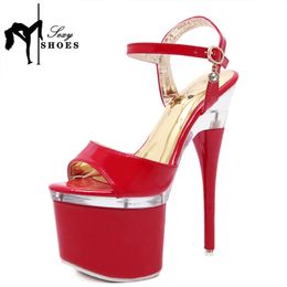 17cm d'été sexy High Heels Platform Sandales pour les femmes Fashion Open Toe Crystal Buckle STILETTO Mariage Stripper Shoes Red 240425