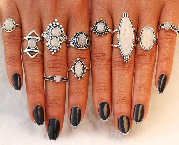 Big Opal Stone Midi Rings Set pour les femmes New Design Retro Silver Color Vintage Finger Finger Ring Set Jewelry
