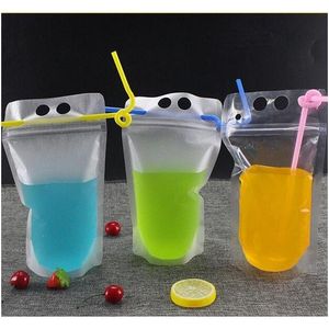 17oz 500 ml Clear Drink Pouches Zakken Frosted rits Stand-up plastic drinkzak met stro met houder Reclos Jllury BDebag