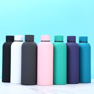 17oz / 500ml rubberen verf fles smalle mond waterfles reizen mok slanke kop 18/8 roestvrij staal geïsoleerd vacuüm 2-muur thermisch glas recht