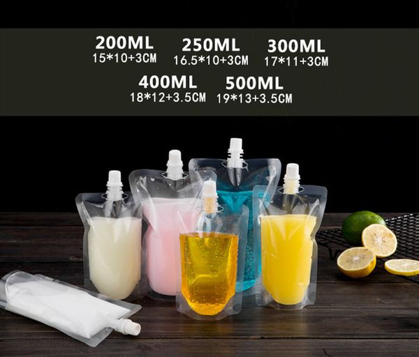 Sac d'emballage en plastique pour boissons, 17OZ, 500ML, pochette à bec pour boisson, liquide, jus, lait, café, 200-500ml