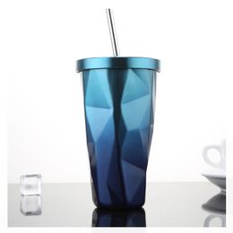 17oz Double Layer Rvs Tumblers Rhombus Koffie Mok Vacuümfles Gradiënt Gevormde Waterbeker met Deksels Stro Drinkware YL0307