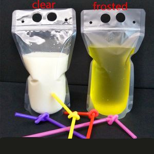 Pochettes à boissons 17 oz Dags givrées dégagées Zipper Stand-up Plastic Drinking Dag holder Refermable Heat-Proof avec paille DOp