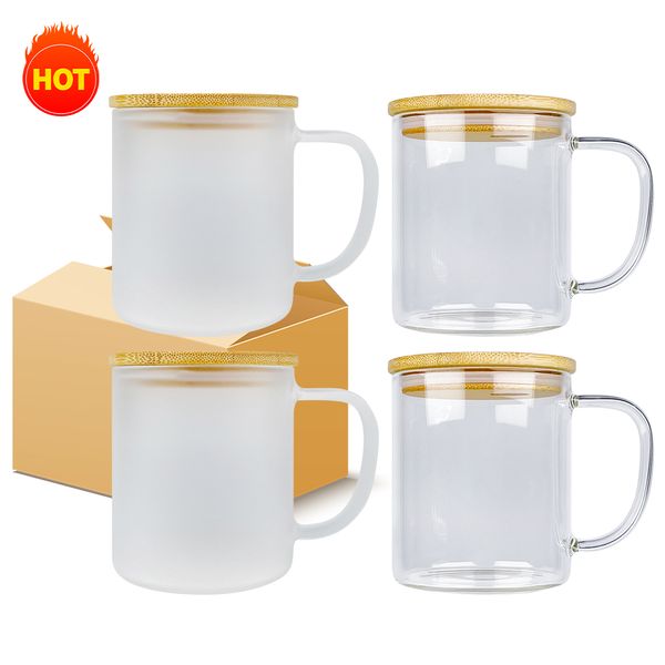 Sublimation à paroi unique de 17 oz, meilleur rapport qualité-prix, verre cristallin givré à haute teneur en borosilicate, adapté au vinyle, thé, lait, bière, tasses à café, tasse avec couvercles en bambou