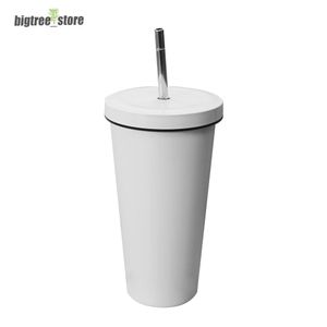 Tasses à café par sublimation de 17 oz Gobelet en acier inoxydable à double paroi avec paille en métal et couvercle Brosse à paille sans couture au fond Tasse de voyage isolée sous vide Bouteille d'eau AAA