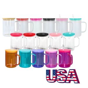 US SHIP 17oz sublimatie glazen mok helder matglazen tuimelaar met gekleurd deksel glazen koffiemok jelly mason jar libby kan koeler cola bier voedselblikken 25 stks/doos