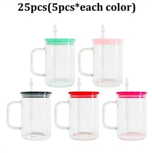 17oz Sublimatie Glazen Tumbler Met Kleurrijke Deksels Cup Handvat Glas Koffie Pp Kan Bier Stro Soda Herbruikbare Drinken Inaun