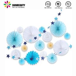 17 stks Papierfans Party Decoratie Opknoping Blauw Groen Star Garland Gekleurde Baby Douche Bruiloft Kinderen Happy Birthday Party Supplies Y200903