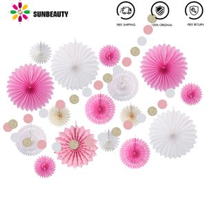 17 pcs PinkWhite Papier Décoration Set Glitter Cercle Guirlande Assorties Fans De Papier Anniversaire De Mariage Douche Décor Y200903