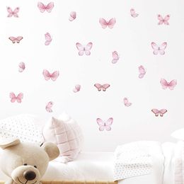 17 pièces aquarelle rose doux papillons volants motif Stickers muraux pour chambre d'enfants chambre de bébé chambre de fille chambre Stickers muraux décor