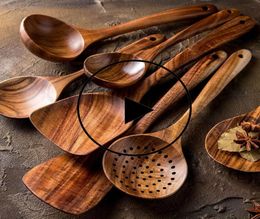 17PCSSet Teak Natural Wood service Lepel Lepel Spoon Special Nano Soup Skimmer Cooking Spoon Houten Kitchen Tool Kit3501697