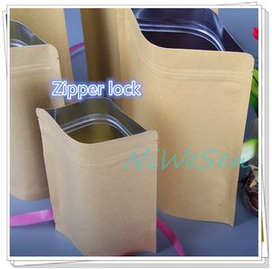 Bolsa de papel con cierre de cremallera reutilizable de 17x24 + 4 cm-100 unids/lote bolsa de papel de aluminio de papel marrón, bolsas de embalaje kraft de pie para frutas secas