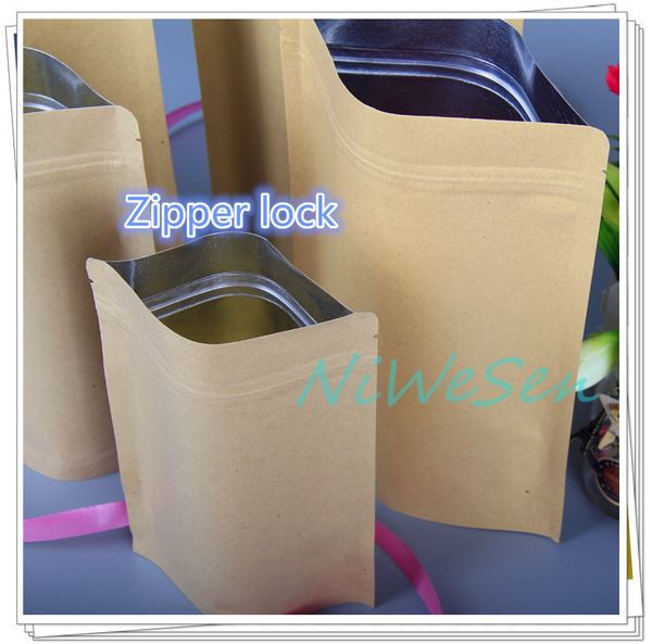 17x24 + 4 cm sac en papier à fermeture éclair réutilisable-100 pcs/lot pochette en papier d'aluminium en papier brun, sacs d'emballage kraft pour fruits secs